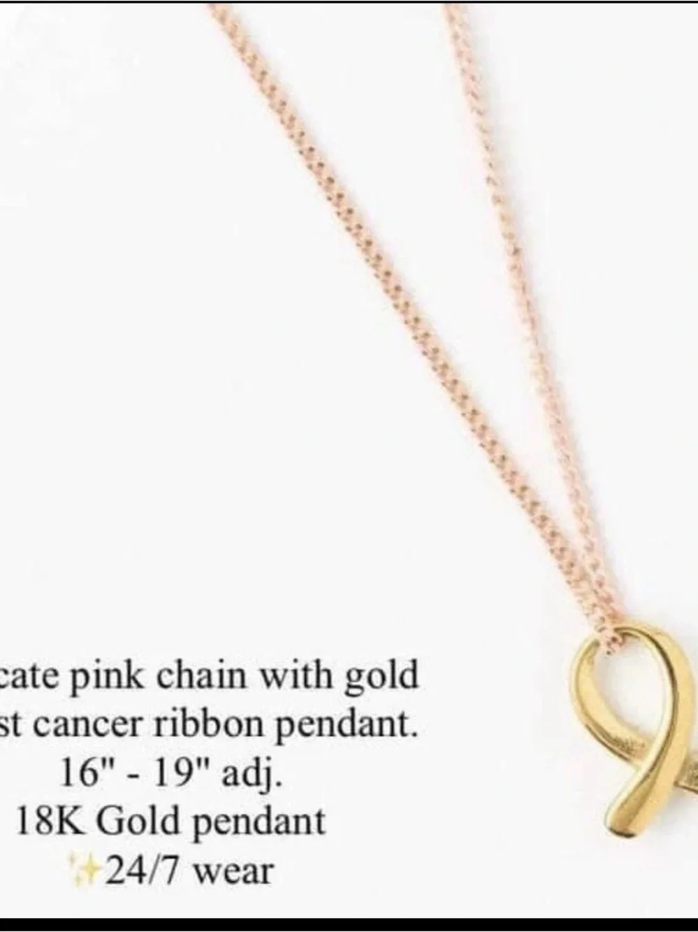 Plunder Courage Necklace Gold Ribbon Pendant Pink Chain Breast Cancer Awareness